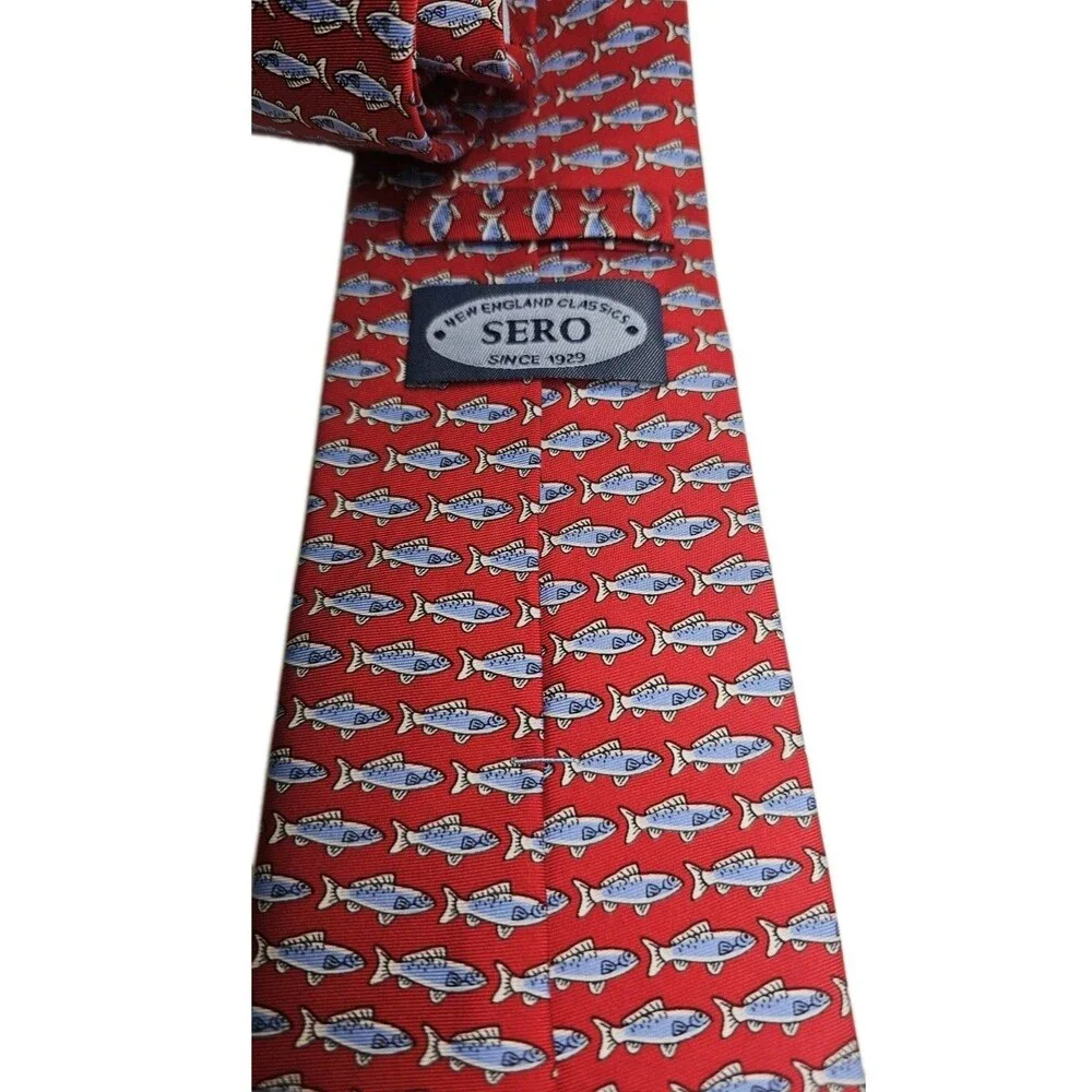 Sero New England Classics Red Fish Print Silk Tie Sardine Novelty Necktie